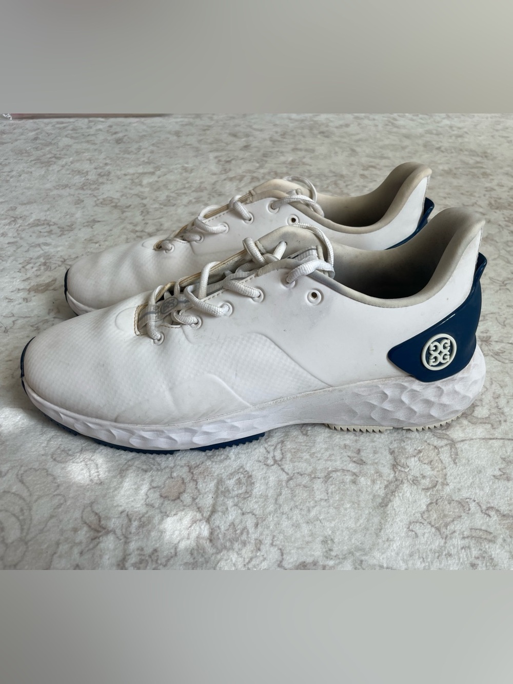 G/FORE White Athletic Golf Shoes with Navy Heel Detail